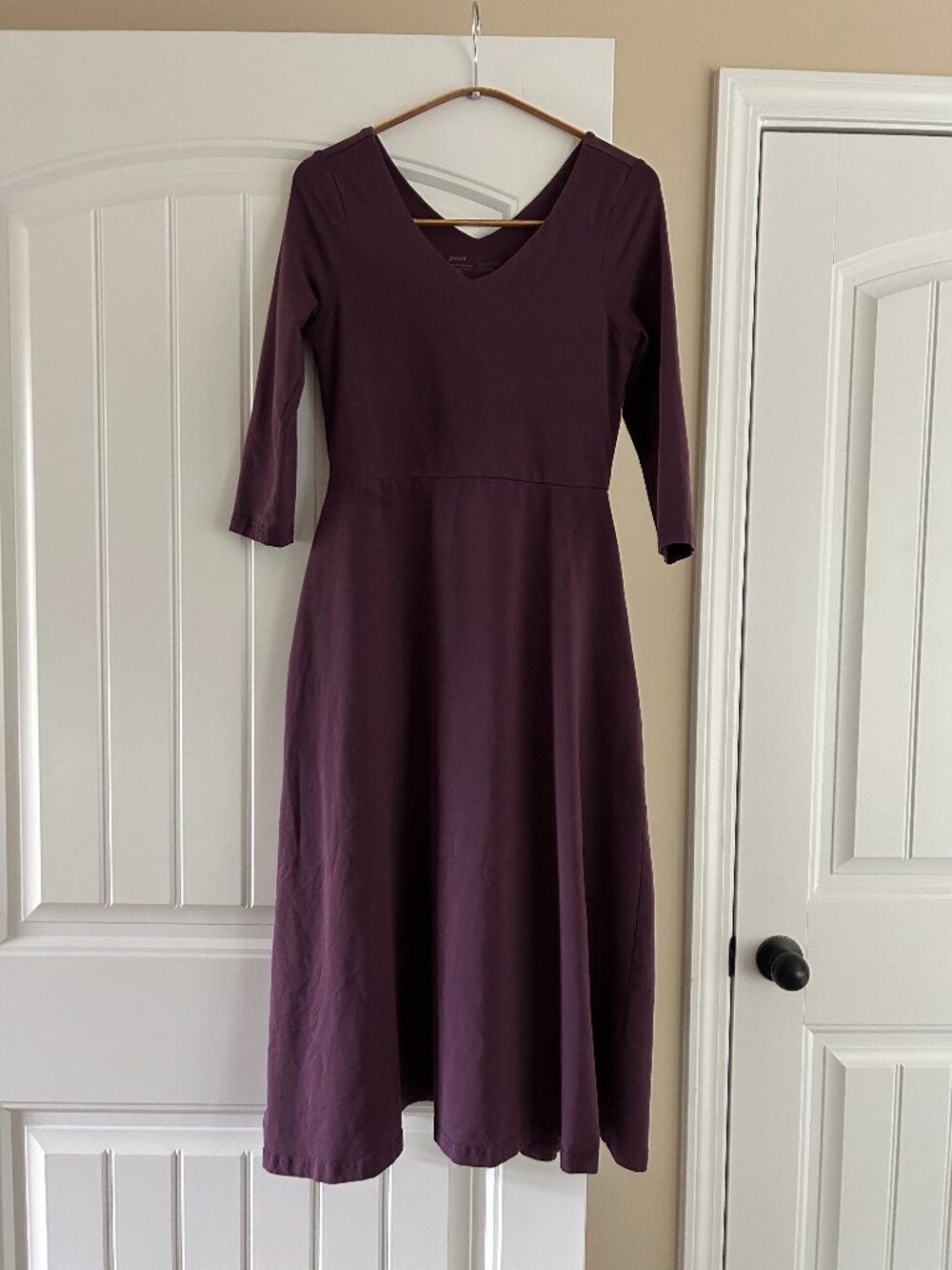 Wear Pact Organic Cotton Fit Flare Maxi Dress 3/4 Sleeves V Neck Plum Eggplant